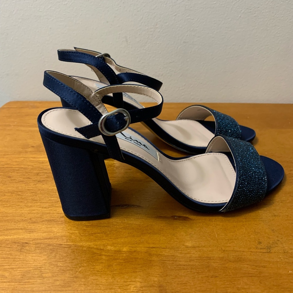 Nina Haven Rhinestone Ankle Strap Block Heel Sandals Navy Luster Satin Sz 5.5M - Picture 6 of 14